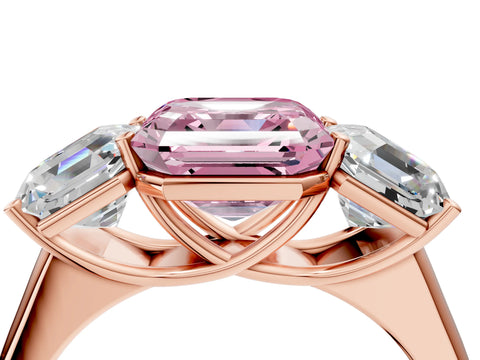 Rose gold Fancy Pink Asscher Cut Three-Stone Diamond Ring with Prong Setting on a Classic Band_4