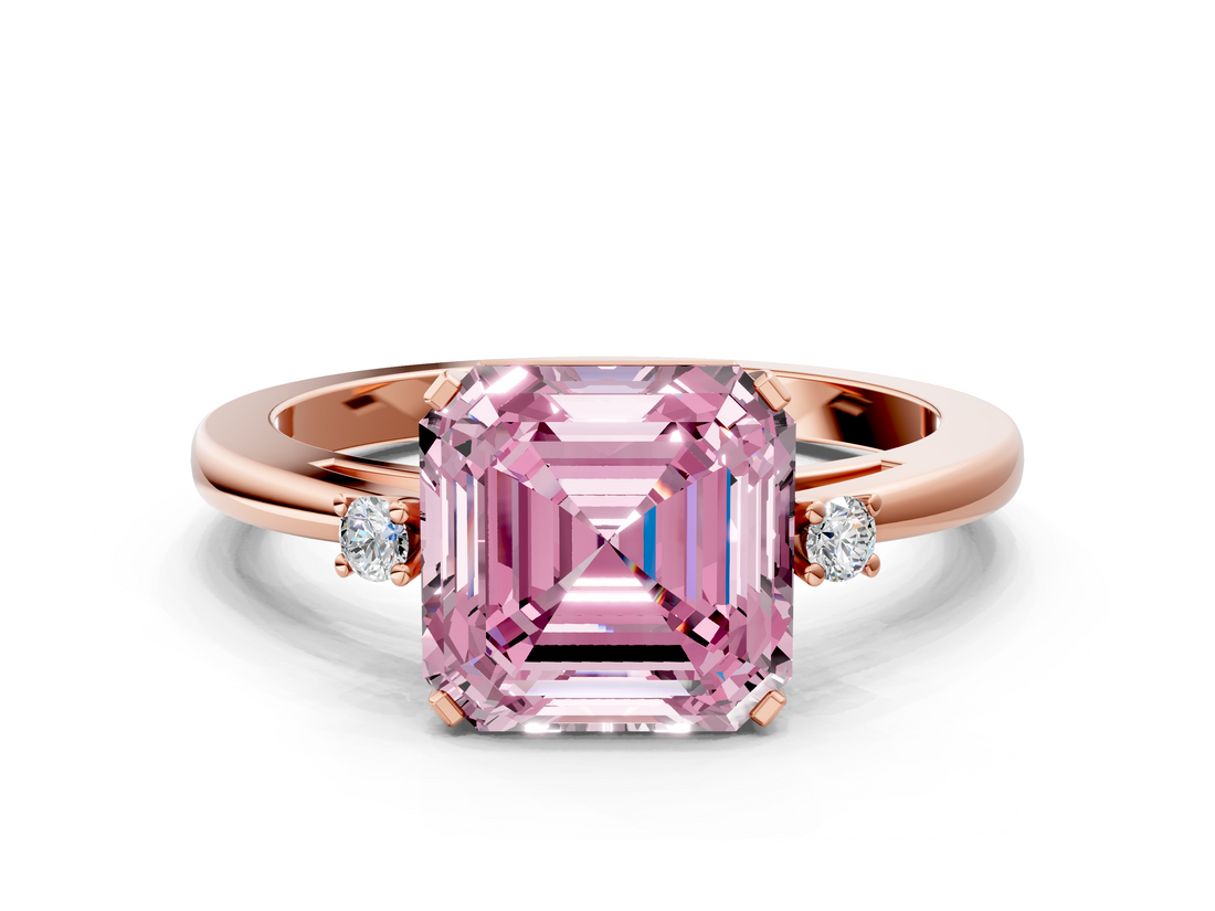Rose gold Fancy Pink Asscher  Cut Three-Stone Solitaire Ring with Round Accent Diamonds and Four-Prong Setting_38