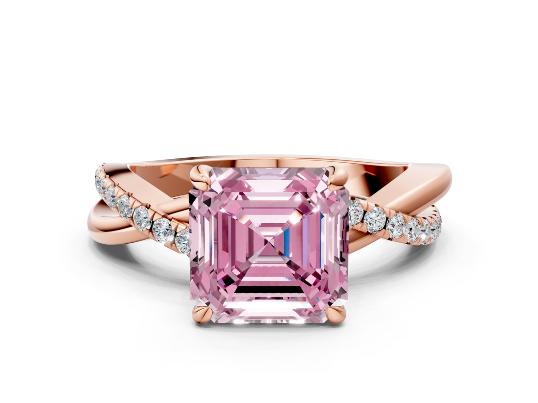Rose gold Fancy Pink Asscher  Cut Twist Band Solitaire Diamond Ring with Pavé Setting_3