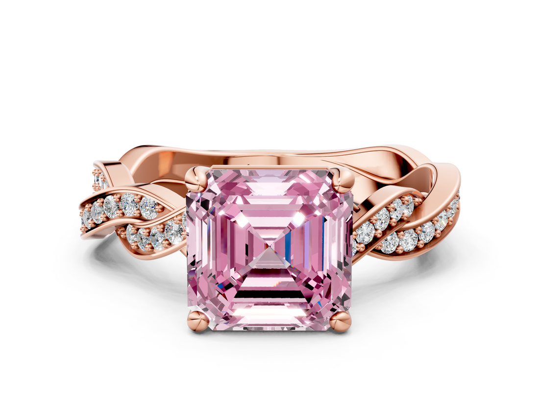 Rose gold Fancy Pink Asscher  Cut Twisted Pavé Band Solitaire Ring with Four-Prong Setting