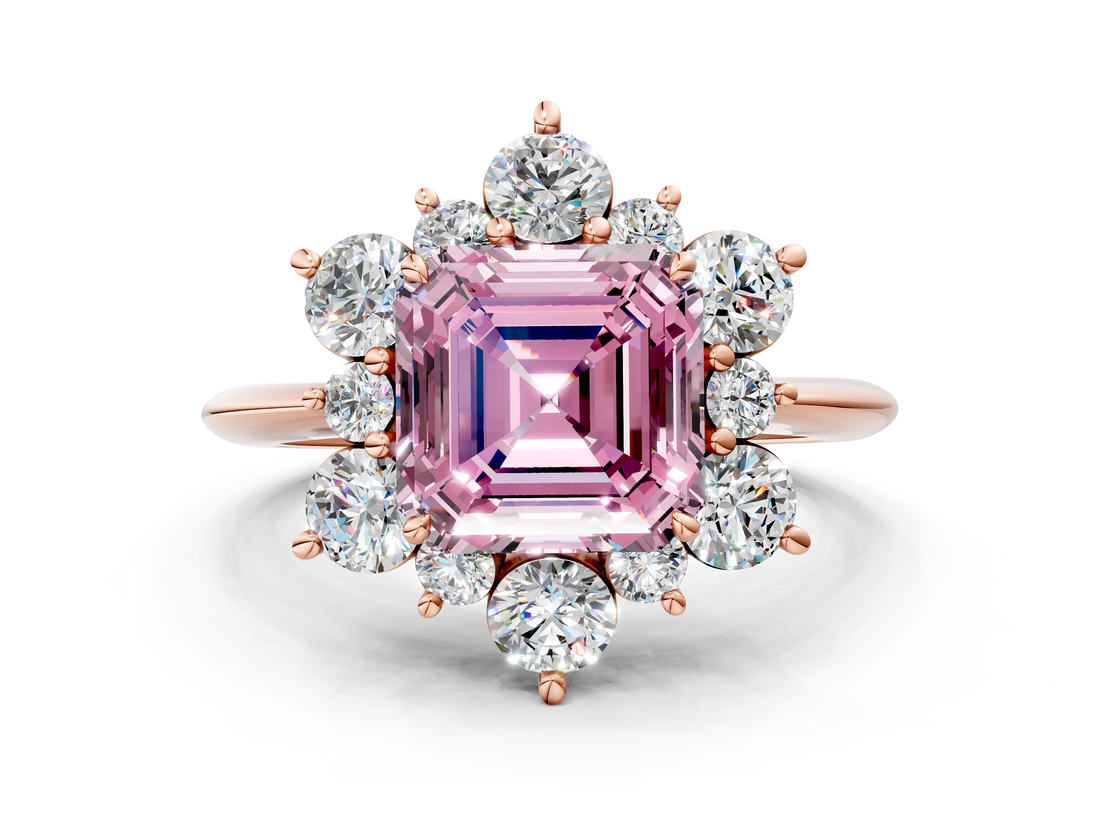 Rose gold Fancy Pink Asscher  Diamond Cluster Halo Ring with Solitaire Band and Four-Prong Setting
