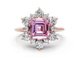 Rose gold Fancy Pink Asscher  Diamond Cluster Halo Ring with Solitaire Band and Four-Prong Setting