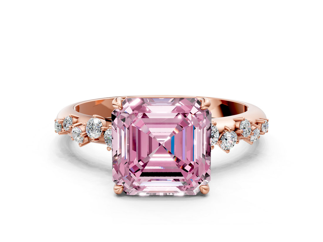 Rose gold Fancy Pink Asscher  Diamond Cluster Prong-Set Solitaire Ring