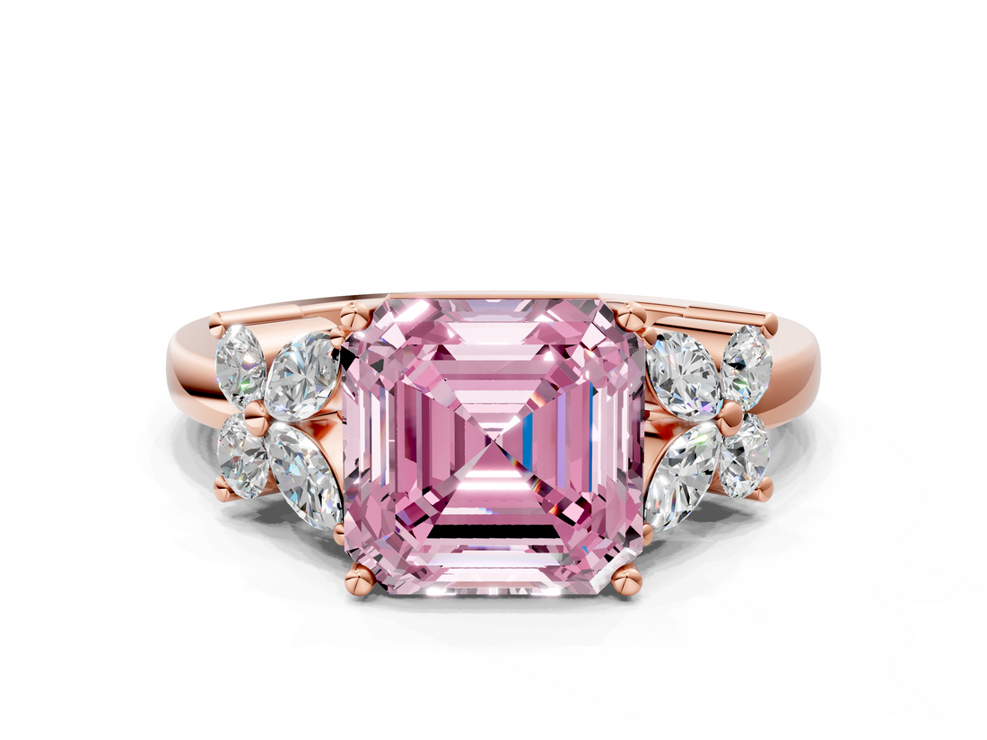 Rose gold Fancy Pink Asscher  Diamond Floral Cluster Ring with Solitaire Band and Prong Setting