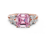 Rose gold Fancy Pink Asscher  Diamond Floral Cluster Ring with Solitaire Band and Prong Setting