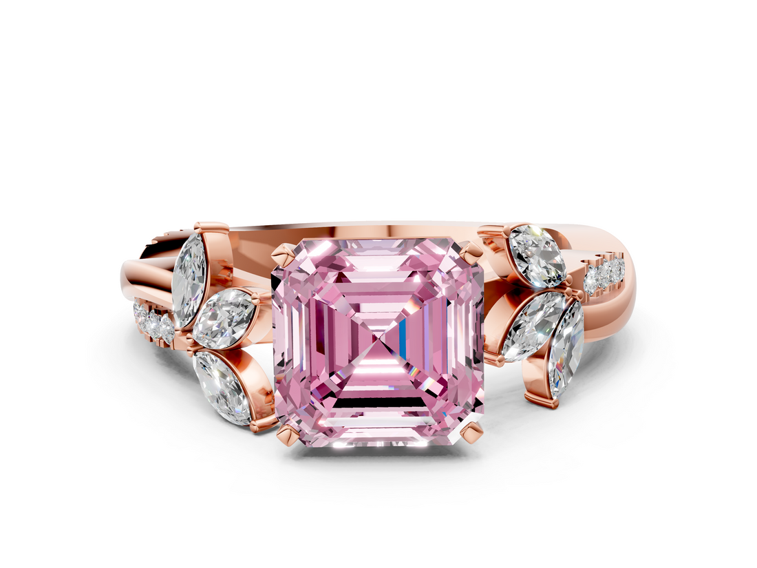 Rose gold Fancy Pink Asscher  Diamond Floral Vine Solitaire Engagement Ring