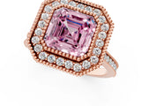 Rose gold Fancy Pink Asscher  Diamond Halo Ring with Milgrain Frame and Pavé Band 1