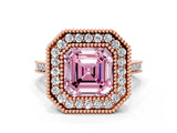 Rose gold Fancy Pink Asscher  Diamond Halo Ring with Milgrain Frame and Pavé Band