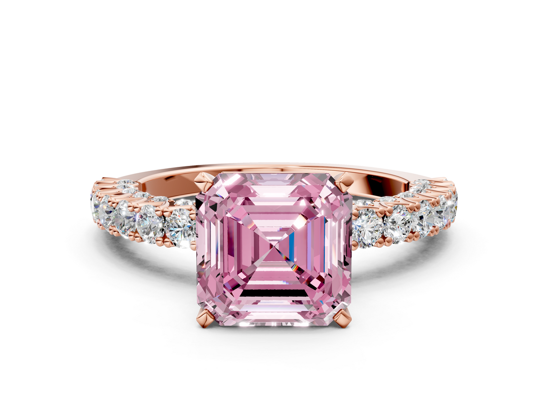 Rose gold Fancy Pink Asscher  Diamond Pavé Band Solitaire Ring with Four-Prong Setting
