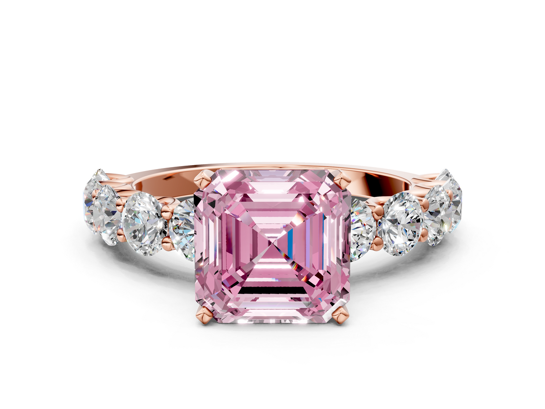 Rose gold Fancy Pink Asscher  Diamond Prong Setting with Side Stones on a Pave Band