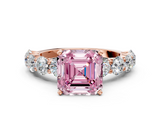 Rose gold Fancy Pink Asscher  Diamond Prong Setting with Side Stones on a Pave Band