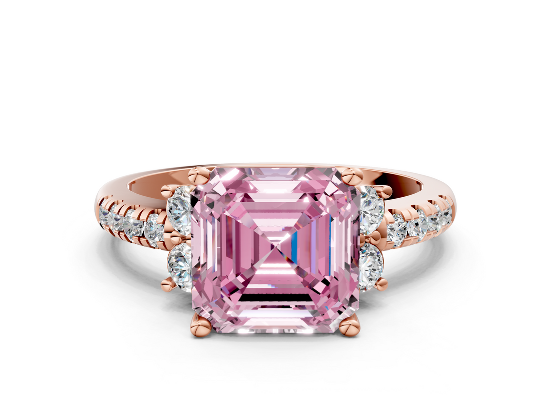 Rose gold Fancy Pink Asscher  Diamond Three-Stone Pave Band with Four-Prong Setting_17