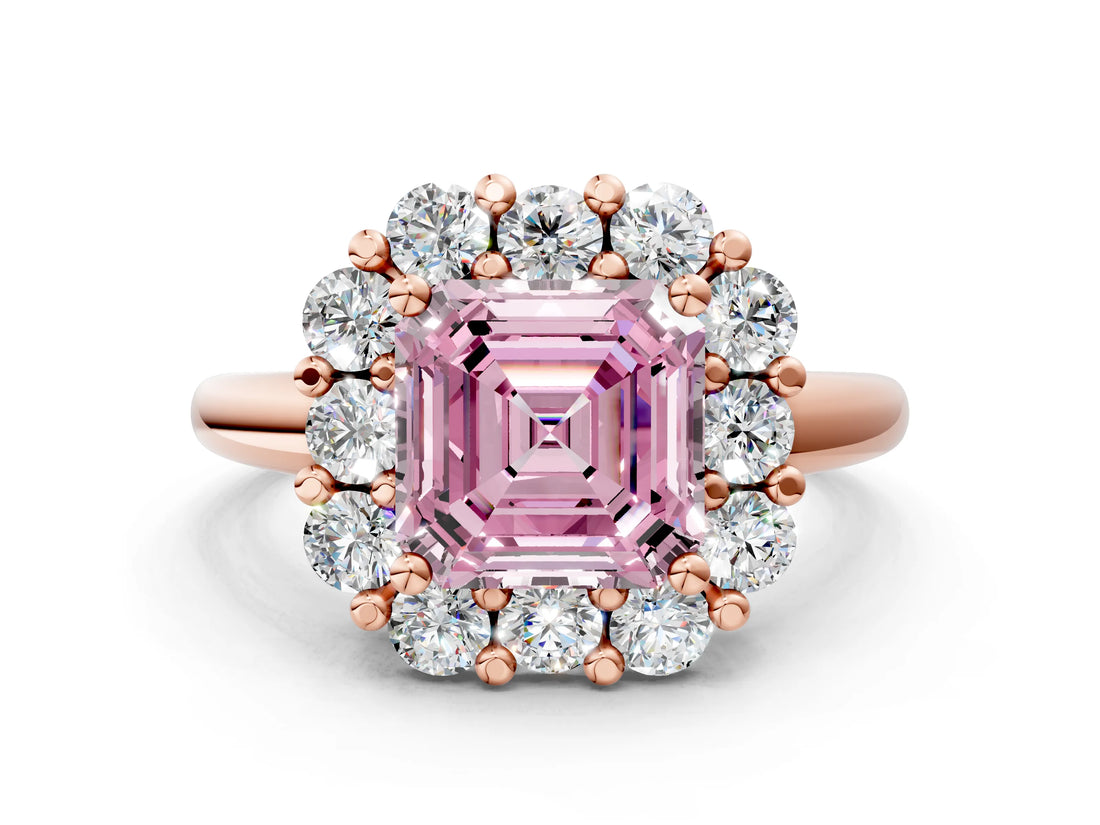 Rose gold Fancy Pink Asscher  Halo Cluster Diamond Engagement Ring with Prong Setting and Polished Band_20