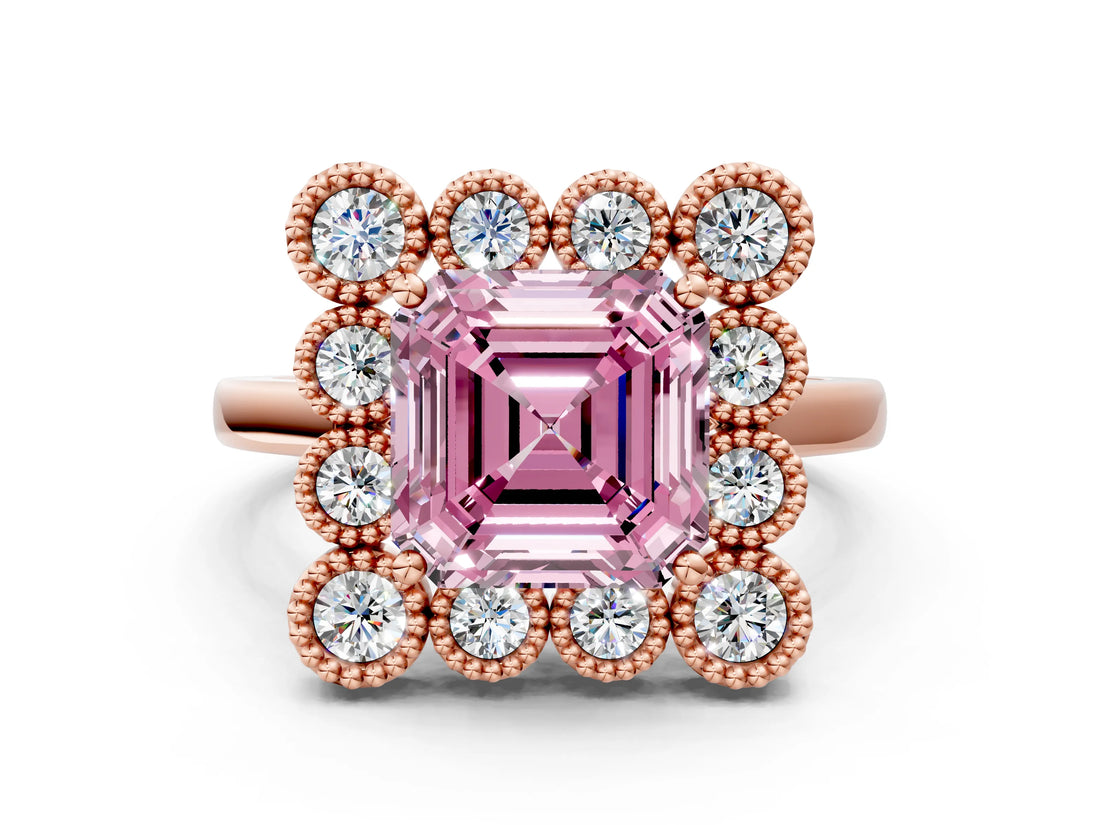 Rose gold Fancy Pink Asscher  Halo Diamond Cluster Engagement Ring with Milgrain Bezel Setting and Solitaire Band_27