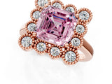 Rose gold Fancy Pink Asscher  Halo Diamond Cluster Engagement Ring with Milgrain Bezel Setting and Solitaire Band_28