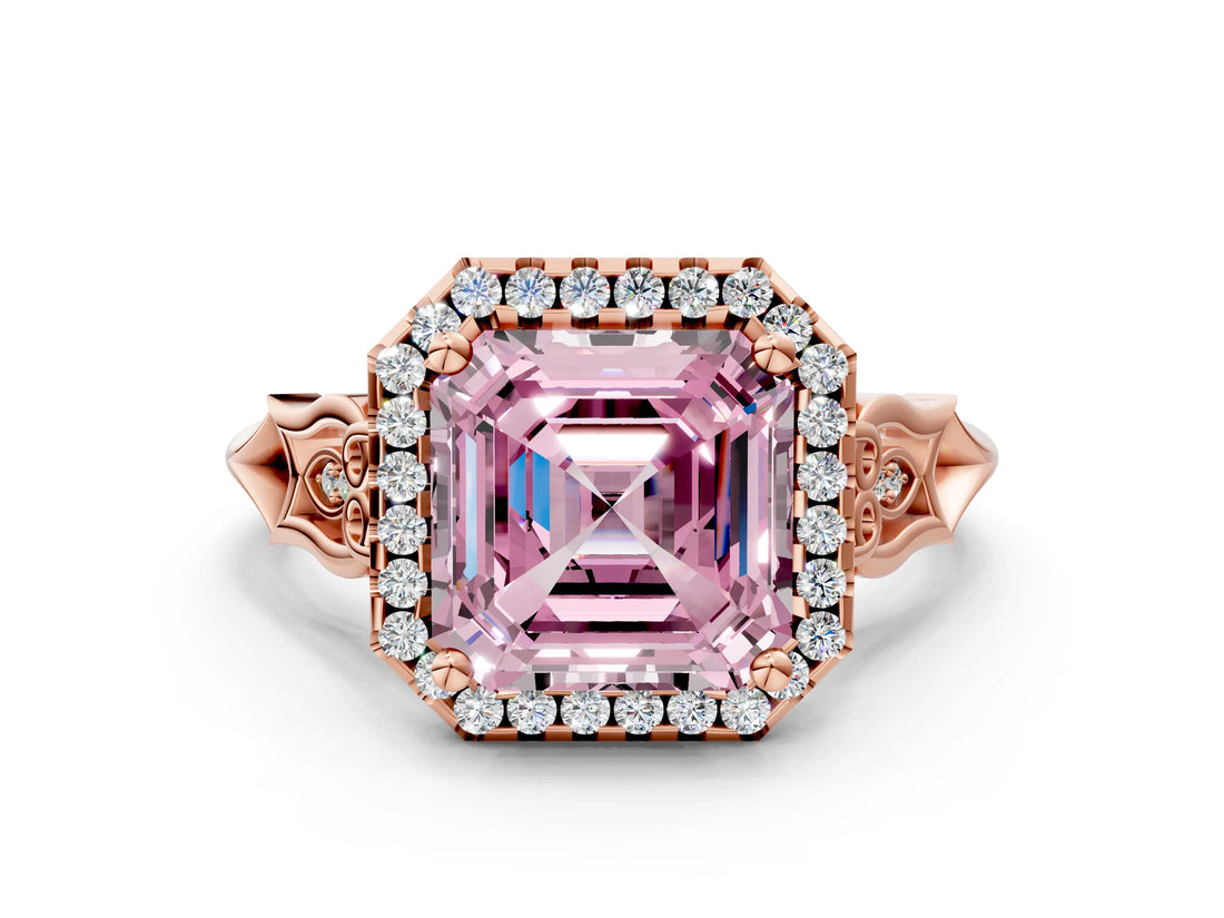 Rose gold Fancy Pink Asscher  Halo Diamond Engagement Ring with Filigree Band and Four-Prong Setting_69