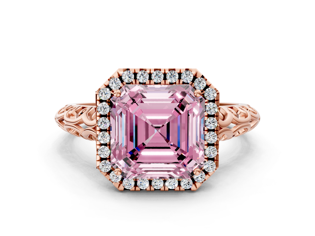 Rose gold Fancy Pink Asscher  Halo Diamond Engagement Ring with Intricate Filigree Band and Four-Prong Setting