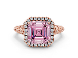 Rose gold Fancy Pink Asscher  Halo Diamond Engagement Ring with Intricate Filigree Band and Four-Prong Setting