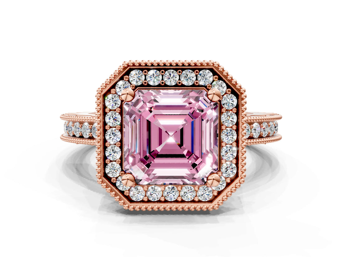 Rose gold Fancy Pink Asscher  Halo Diamond Engagement Ring with Milgrain Pave Band and Four-Prong Setting_118