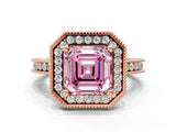 Rose gold Fancy Pink Asscher  Halo Diamond Engagement Ring with Milgrain Pave Band and Four-Prong Setting_118
