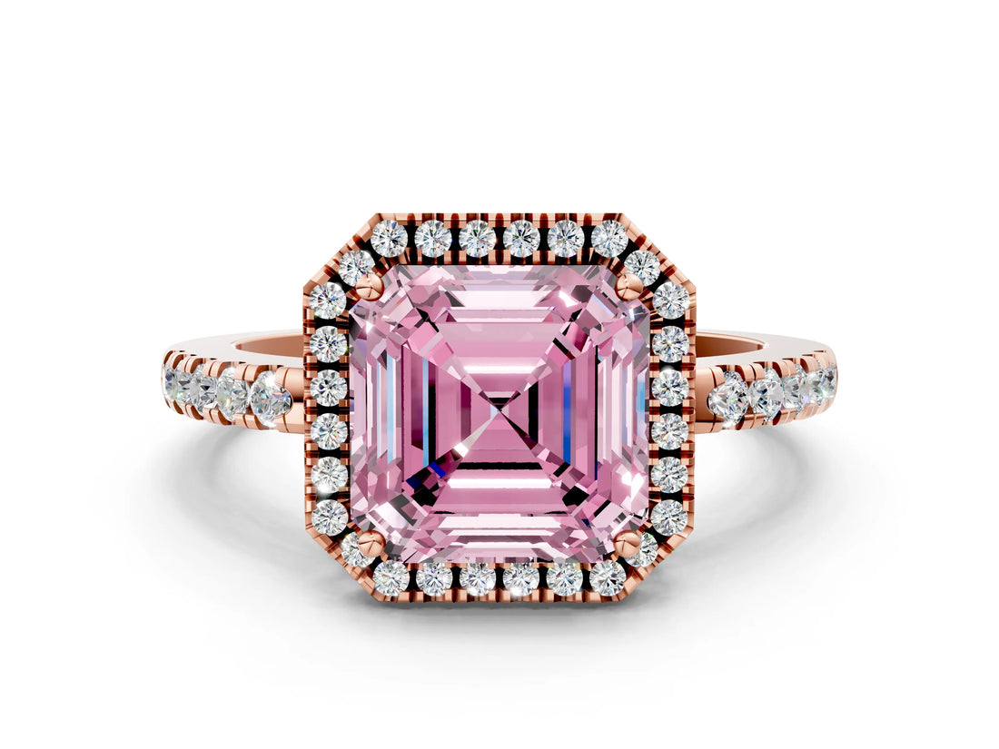 Rose gold Fancy Pink Asscher  Halo Diamond Engagement Ring with Pavé Band and Four-Prong Setting_20