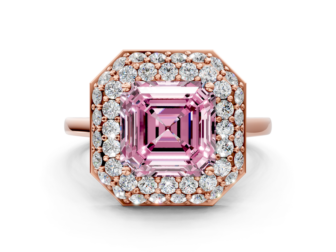 Rose gold Fancy Pink Asscher  Halo Diamond Engagement Ring with Solitaire Band and Four-Prong Setting_17