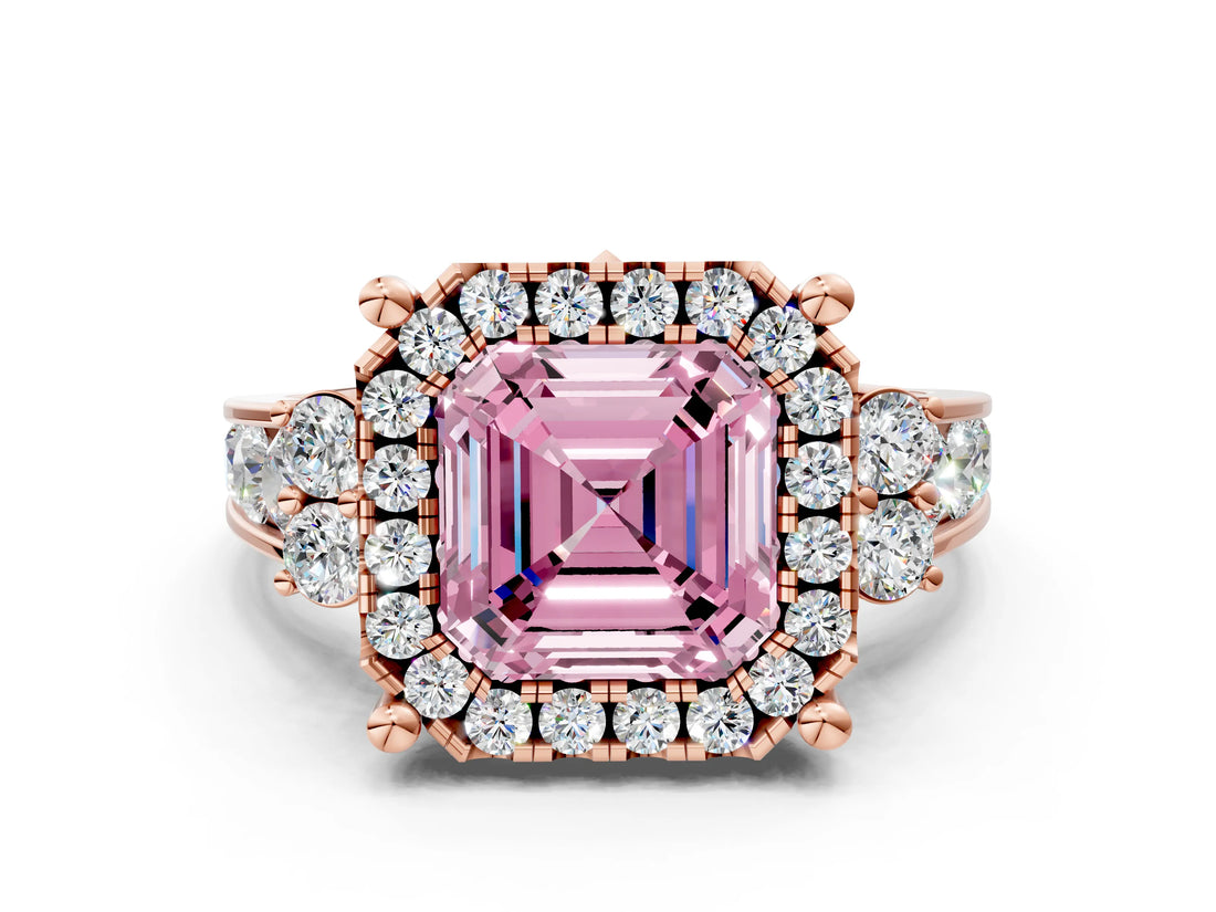 Rose gold Fancy Pink Asscher  Halo Diamond Engagement Ring with Split Shank and Four-Prong Setting