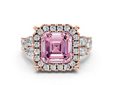 Rose gold Fancy Pink Asscher  Halo Diamond Engagement Ring with Split Shank and Four-Prong Setting