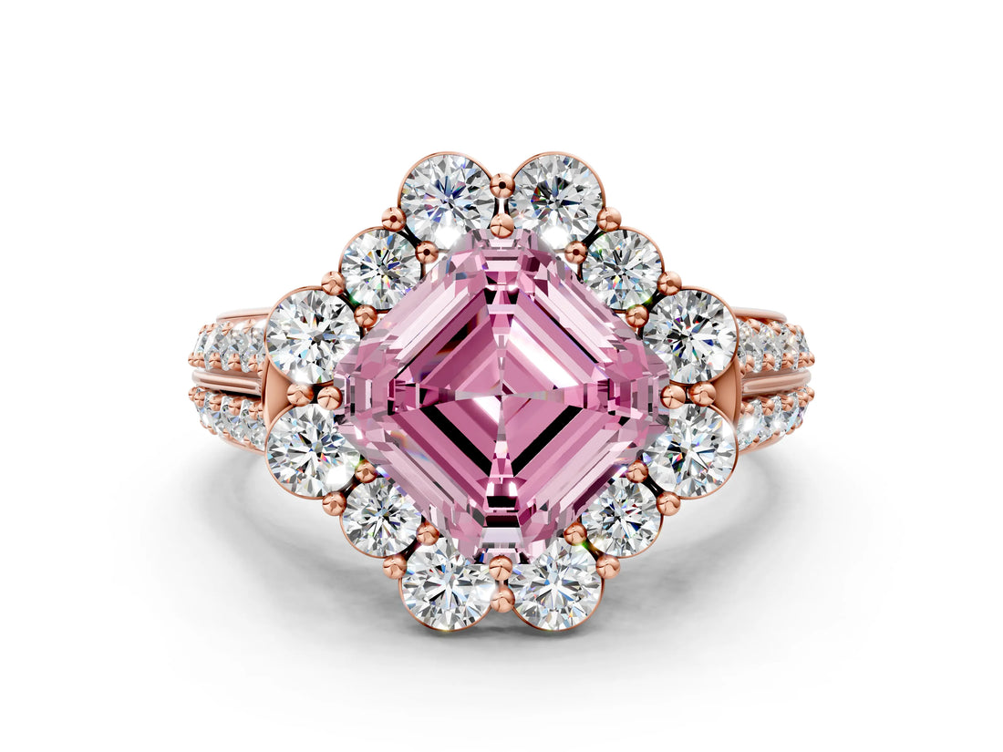 Rose gold Fancy Pink Asscher  Halo Diamond Engagement Ring with Split Shank and Prong Setting_45