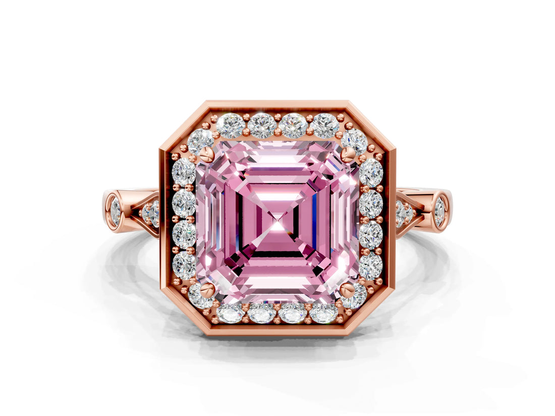 Rose gold Fancy Pink Asscher  Halo Diamond Engagement Ring with Twisted Band and Four-Prong Setting