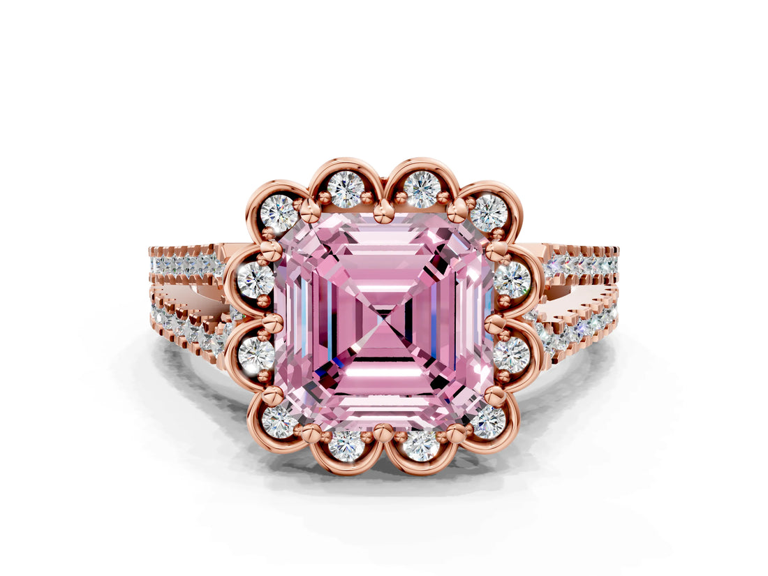 Rose gold Fancy Pink Asscher  Halo Diamond Floral Split Shank Engagement Ring