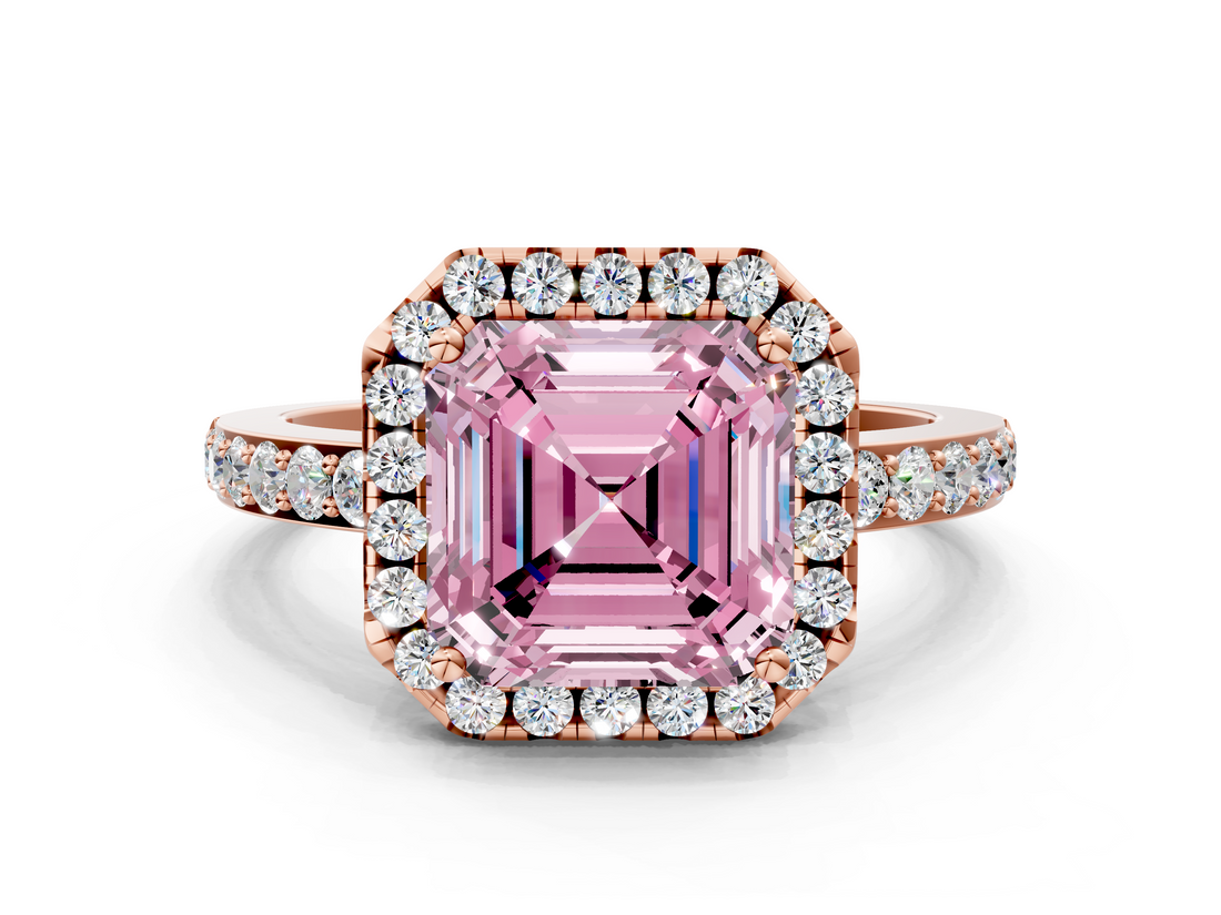 Rose gold Fancy Pink Asscher  Halo Diamond Pavé Band Ring with Prong Setting