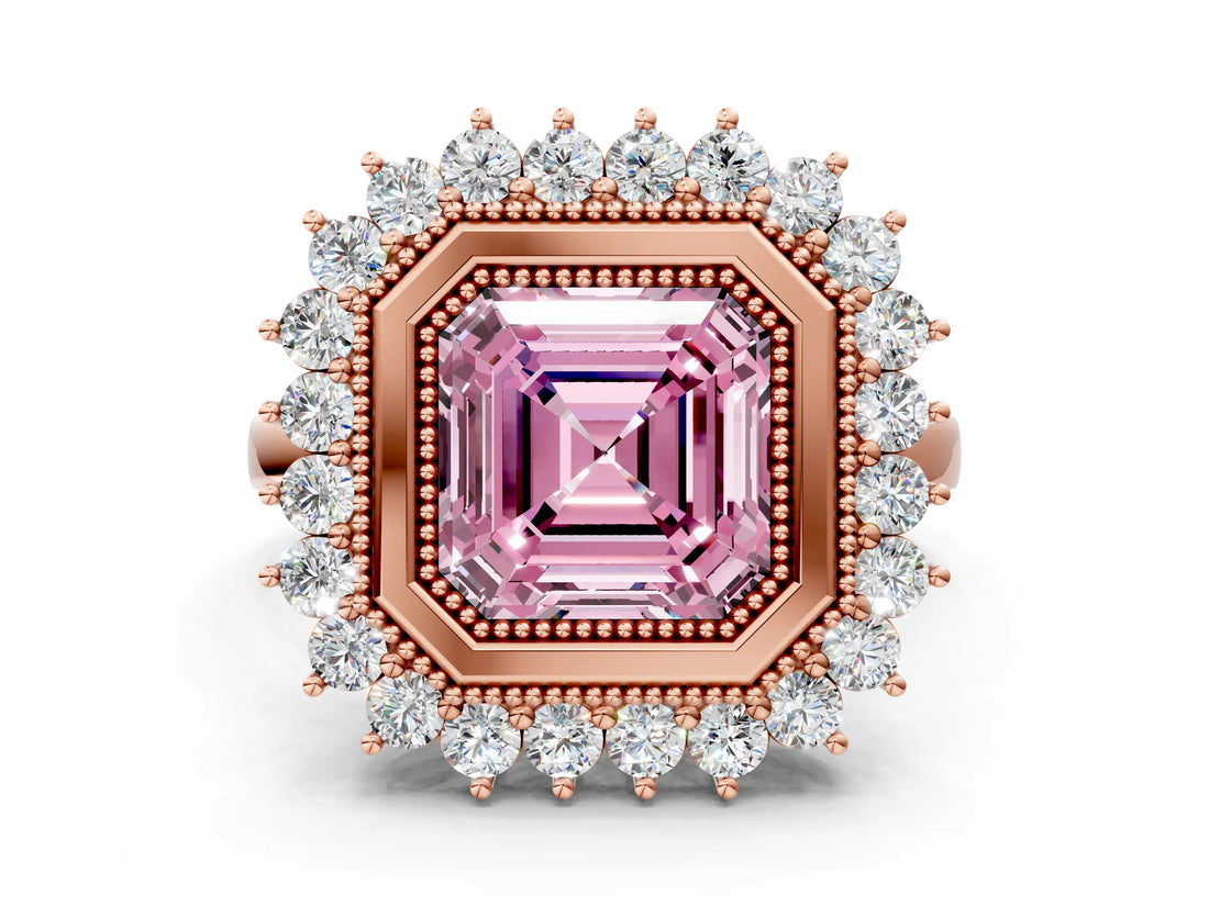 Rose gold Fancy Pink Asscher  Halo Diamond Ring with Milgrain Edge and Round Prong Setting_78