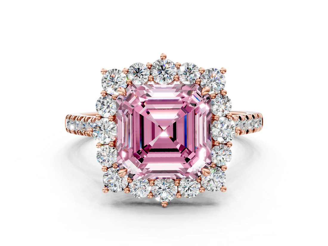Rose gold Fancy Pink Asscher  Halo Diamond Ring with Pavé Band and Prong Setting_18