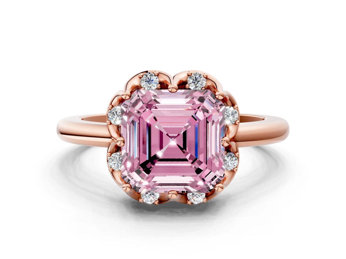 Rose gold Fancy Pink Asscher  Halo Diamond Ring with Round Cluster Setting, Solitaire Band, and Four-Prong Setting_29