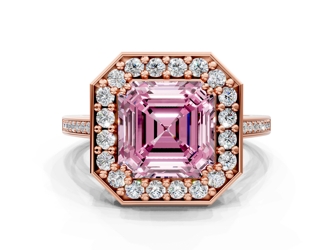 Rose gold Fancy Pink Asscher  Halo Diamond Ring with Split Shank and Four-Prong Setting