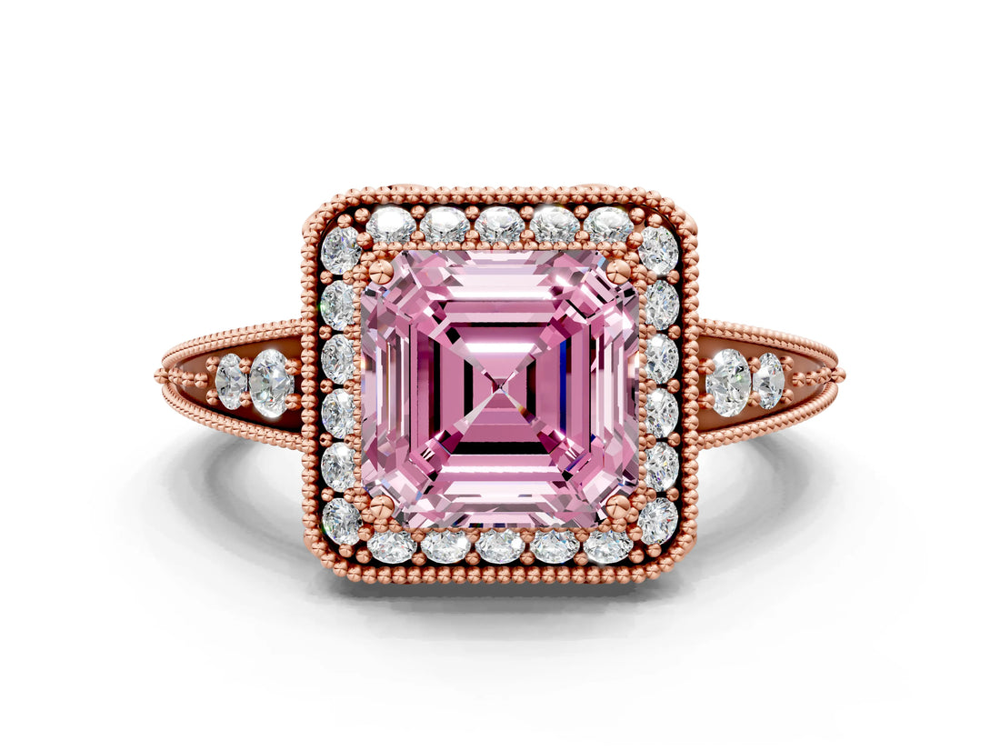 Rose gold Fancy Pink Asscher  Halo Diamond Split Shank Ring with Milgrain Detail_30
