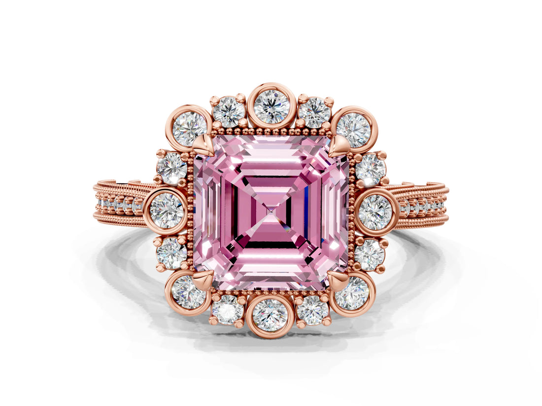 Rose gold Fancy Pink Asscher  Halo Milgrain Pave Diamond Ring with Four-Prong Setting 2