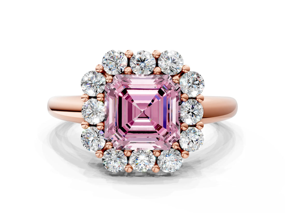 Rose gold Fancy Pink Asscher  Halo Milgrain Solitaire with Bezel Set Side Stones and Pave Band_32