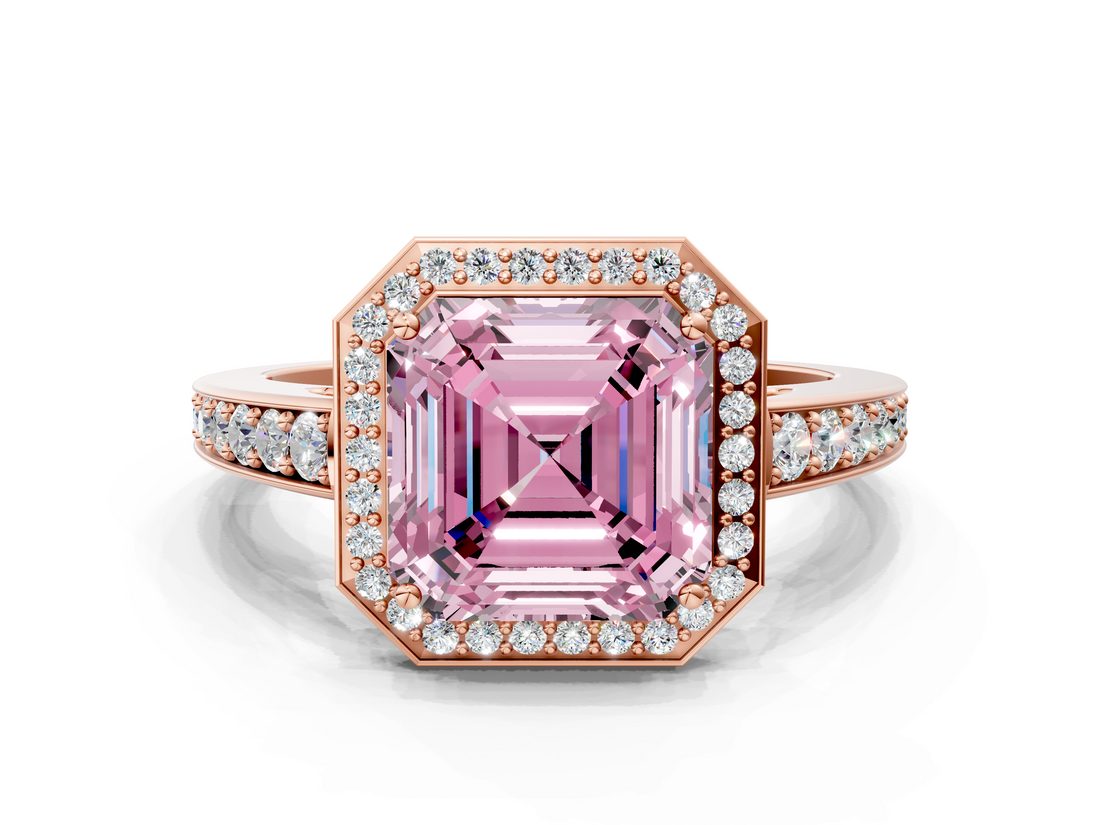 Rose gold Fancy Pink Asscher  Halo Pavé Diamond Engagement Ring with Bezel Setting