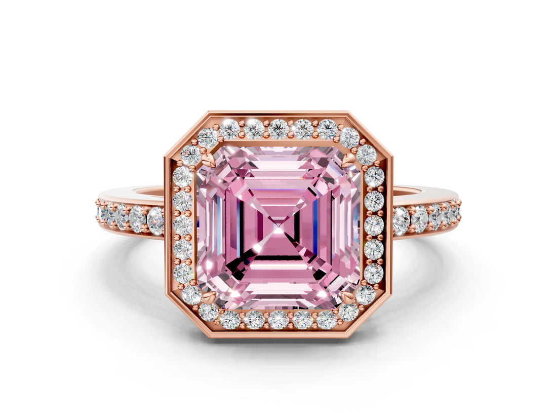 Rose gold Fancy Pink Asscher  Halo Pave Band Solitaire Ring with Prong Setting_47