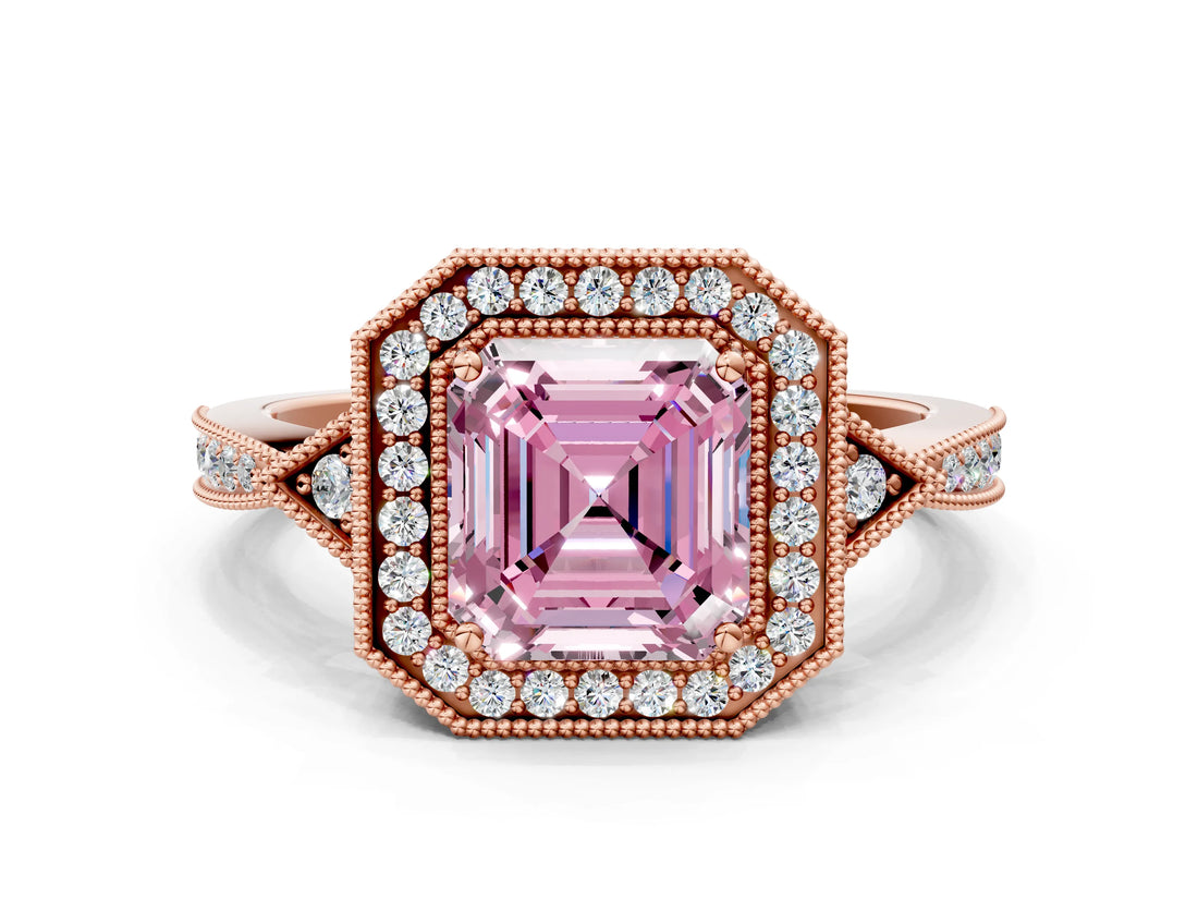 Rose gold Fancy Pink Asscher  Halo Round Diamond Milgrain Pave Engagement Ring_3