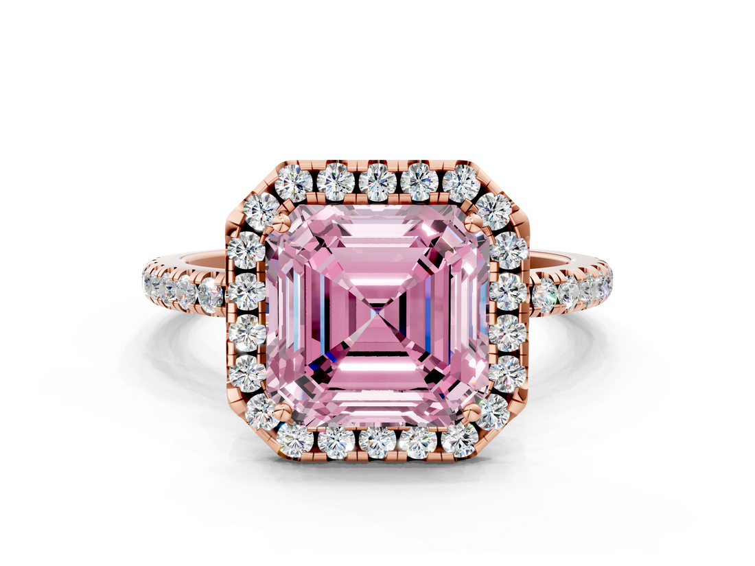 Rose gold Fancy Pink Asscher  Halo Round Diamond Pavé Band Four-Prong Ring_3