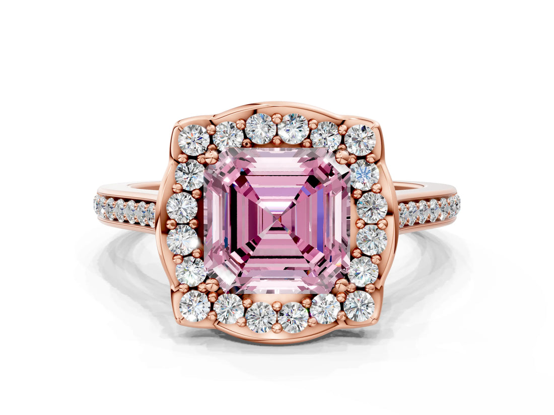 Rose gold Fancy Pink Asscher  Halo Round Diamond Pave Band with Four-Prong Setting_57