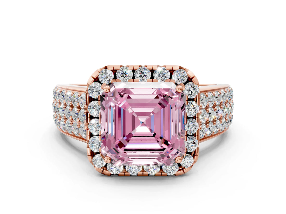Rose gold Fancy Pink Asscher  Halo Round Diamond Pave Band with Prong Setting 1