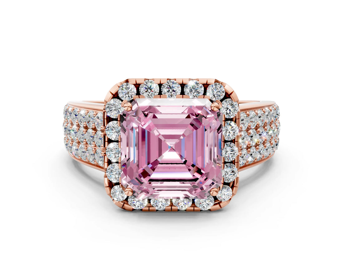Rose gold Fancy Pink Asscher  Halo Round Diamond Pave Band with Prong Setting_12