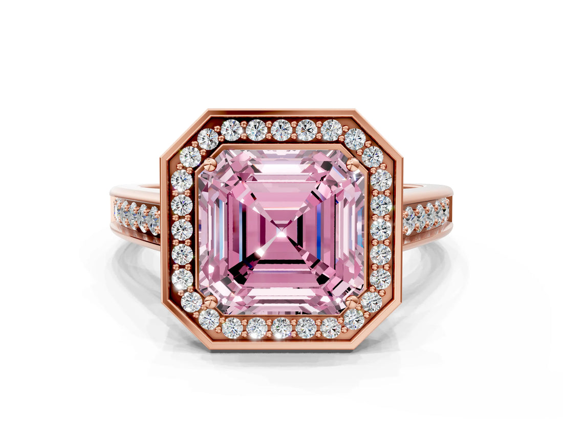 Rose gold Fancy Pink Asscher  Halo Solitaire Diamond Ring with Pave Band and Bezel Setting_46