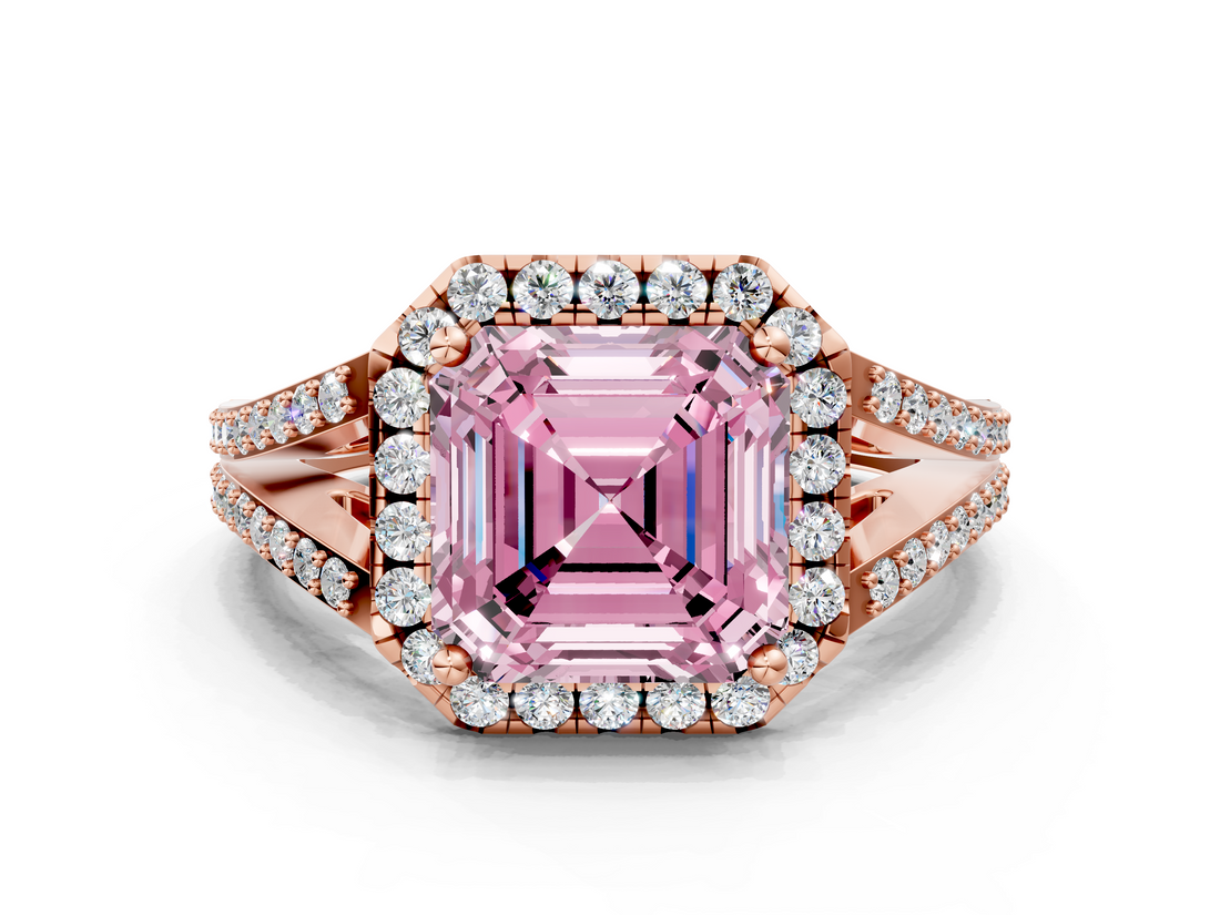 Rose gold Fancy Pink Asscher  Halo Split Shank Diamond Ring with Prong Setting