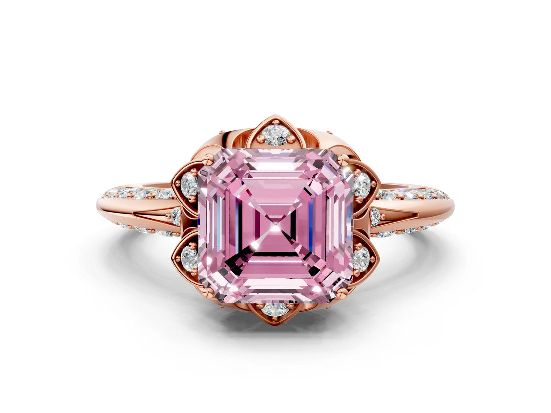 Rose gold Fancy Pink Asscher  Halo Split Shank Pave Diamond Ring with Petal Prong Setting_21