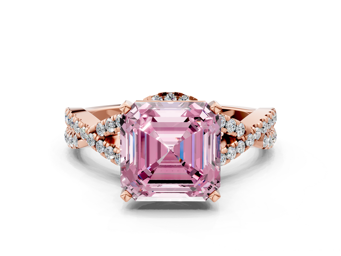 Rose gold Fancy Pink Asscher  Halo Twist Band Solitaire Prong Setting Ring